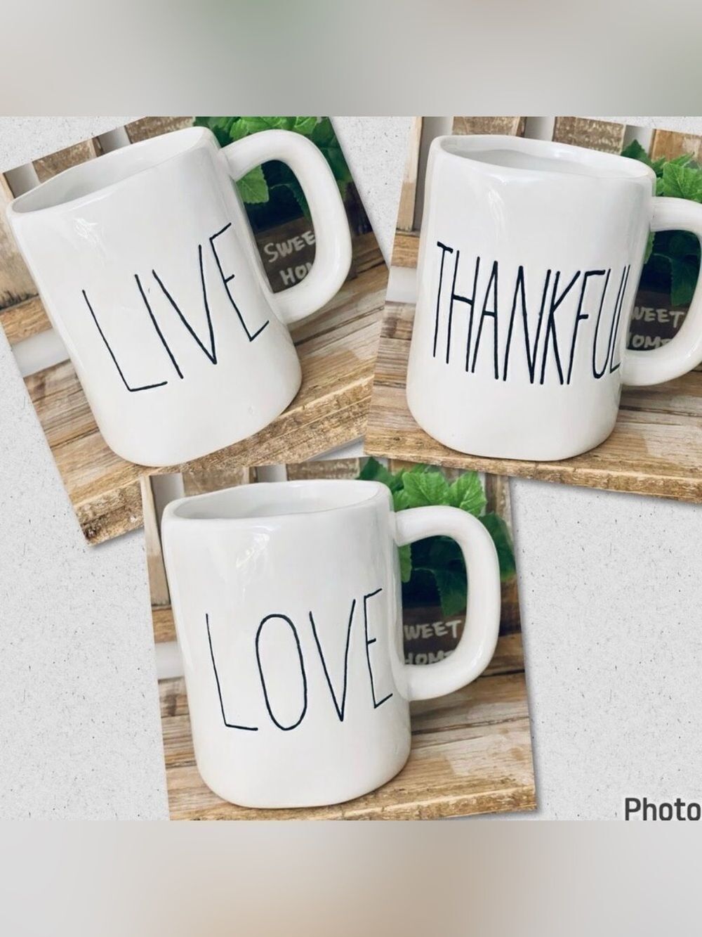 NWT Gorgeous 3 LIVE THANKFUL LOVE White Black Graphic Glossy CeramIc Mugs Set